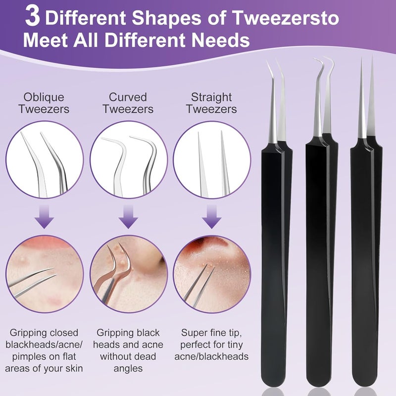 Baxrou Pimple Popper Tool Kit,10 Pcs Professional Blackhead Remover Comedones Extractor for Easy Removal for Pimples,Blackheads,Zit Removing, Facial and Nose, Acne Removal Kit with Metal Box (Black) - Image 2
